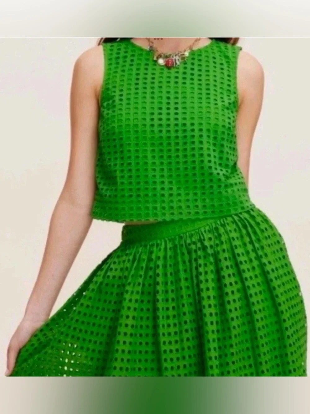 Kate Spade New York Green Eyelet Volume Midi Skirt Sz L Dopamine Dressing NWOT